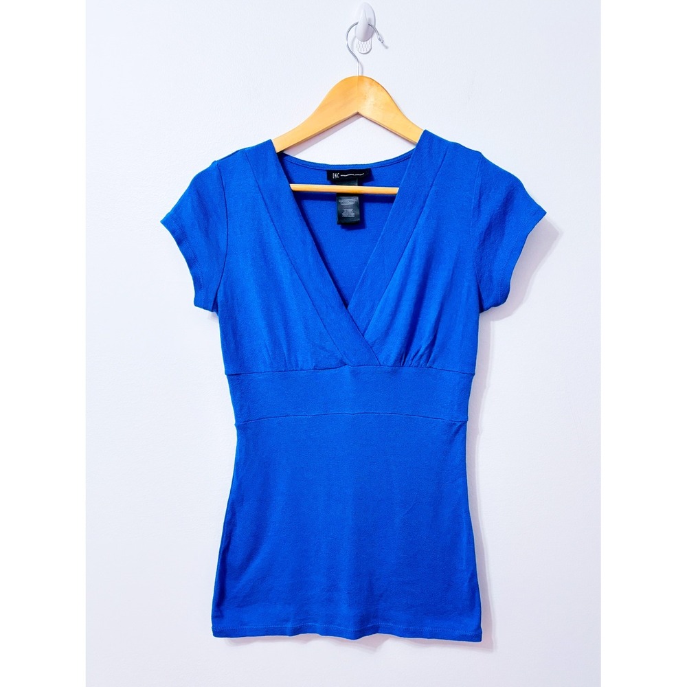 INC INTERNATIONAL CONCEPTS Royal Blue Faux Wrap Short Sleeve Top Medium
